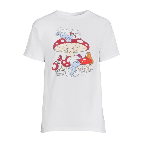 Smurfs Mushrooms Men's Graphic White T-Shirt Red Size 46-48 XL - Picture 2 of 5